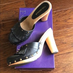 ENZO ANGIOLINI Black Leather Mules Wooden Heels